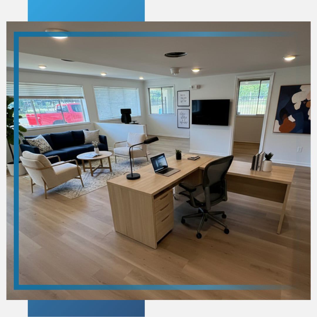 Modern commercial space featuring a bright office interior with natural light, stylish furniture, and a contemporary workspace design ideal for professionals.