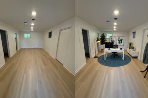 Modern commercial space transformed into a stylish office with desk, decor, and accent rug.